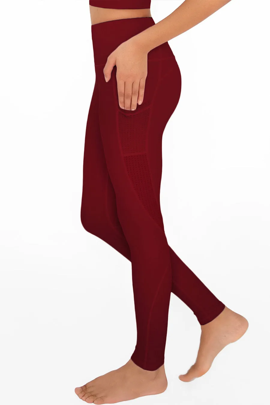 4 for $54 - Maroon Red Cassi Mesh Pockets Workout Leggings Yoga Pants - Women