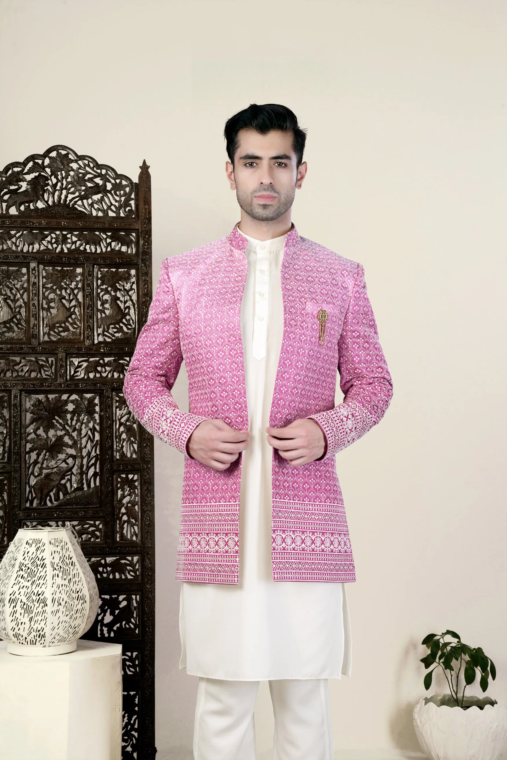 Bashful Pink and White Thread Embroidered Indo-Western Set