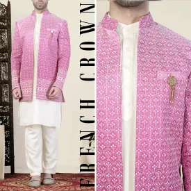 Bashful Pink and White Thread Embroidered Indo-Western Set