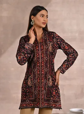 Black Multicolor Print Velvet Straight Kurti