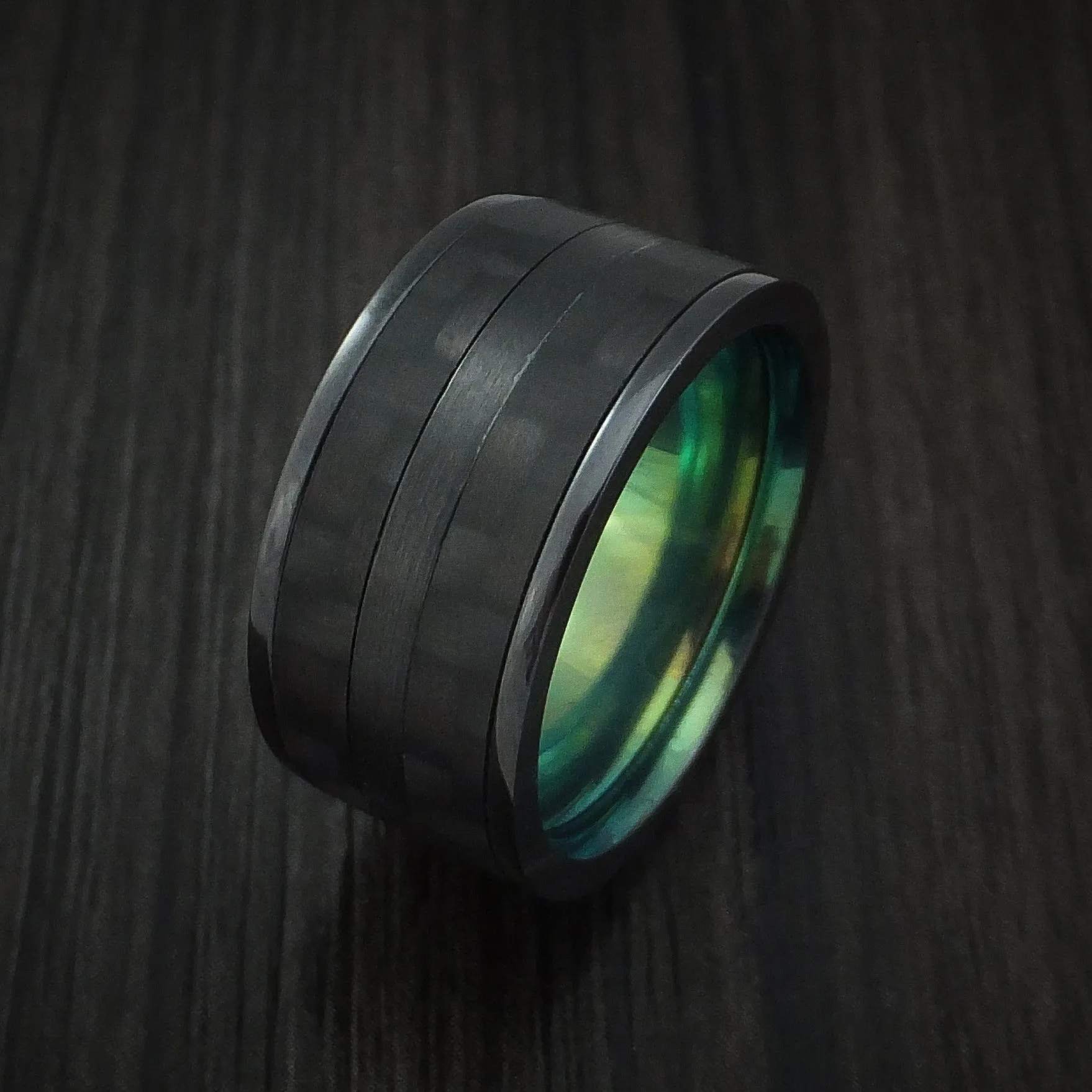 Black Titanium Men's Ring with Black Carbon Fiber Inlay and Green Anodized Sleeve Custom Made Band