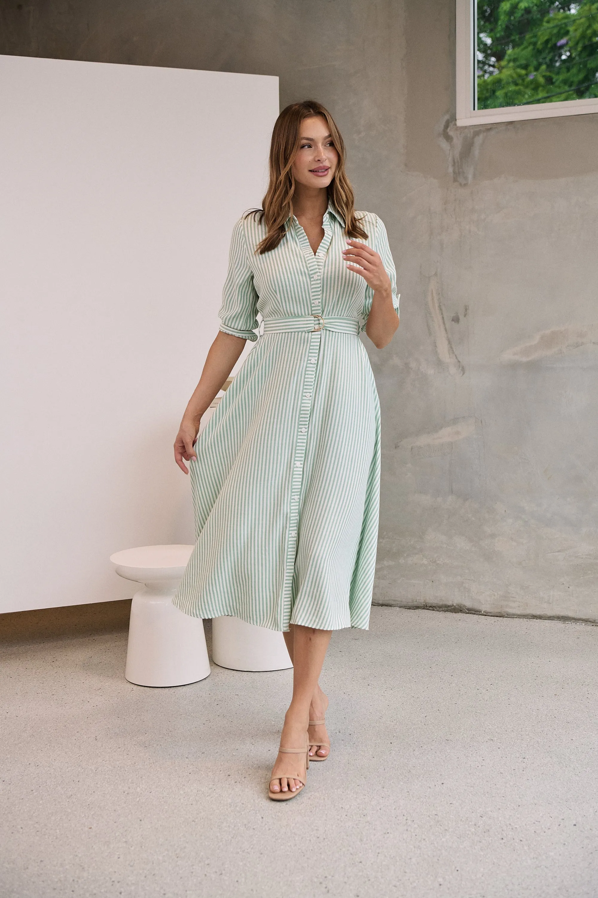 Carly White/Green Stripe Collared Tie Waist Button Midi Dress