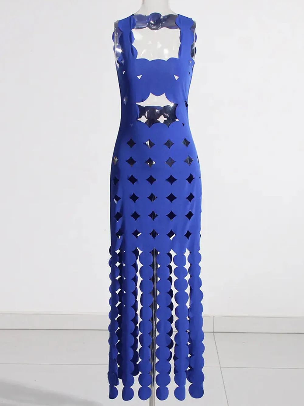 CERA Appliqué Fringe Maxi Dress in Blue