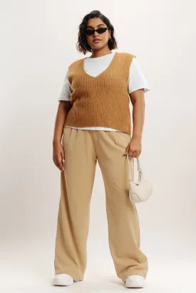 Cream Pleated Straight Fit Curve Korean Pant