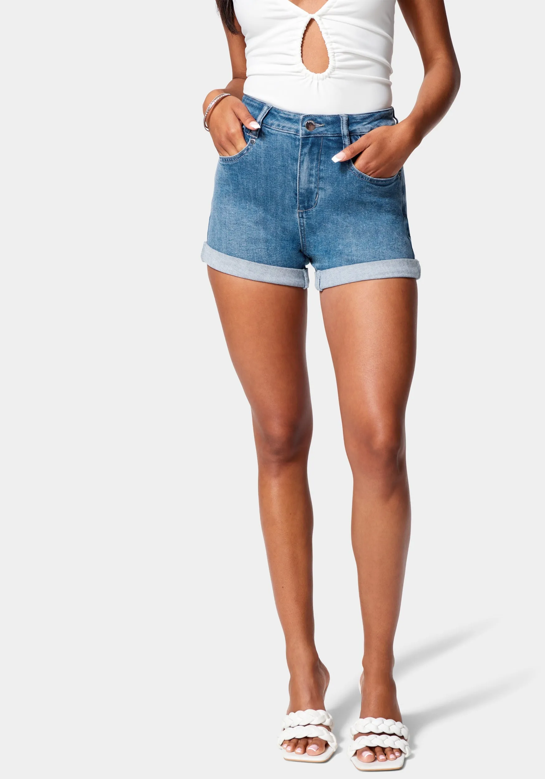 Cuffed Hem Side Elastic Denim Short