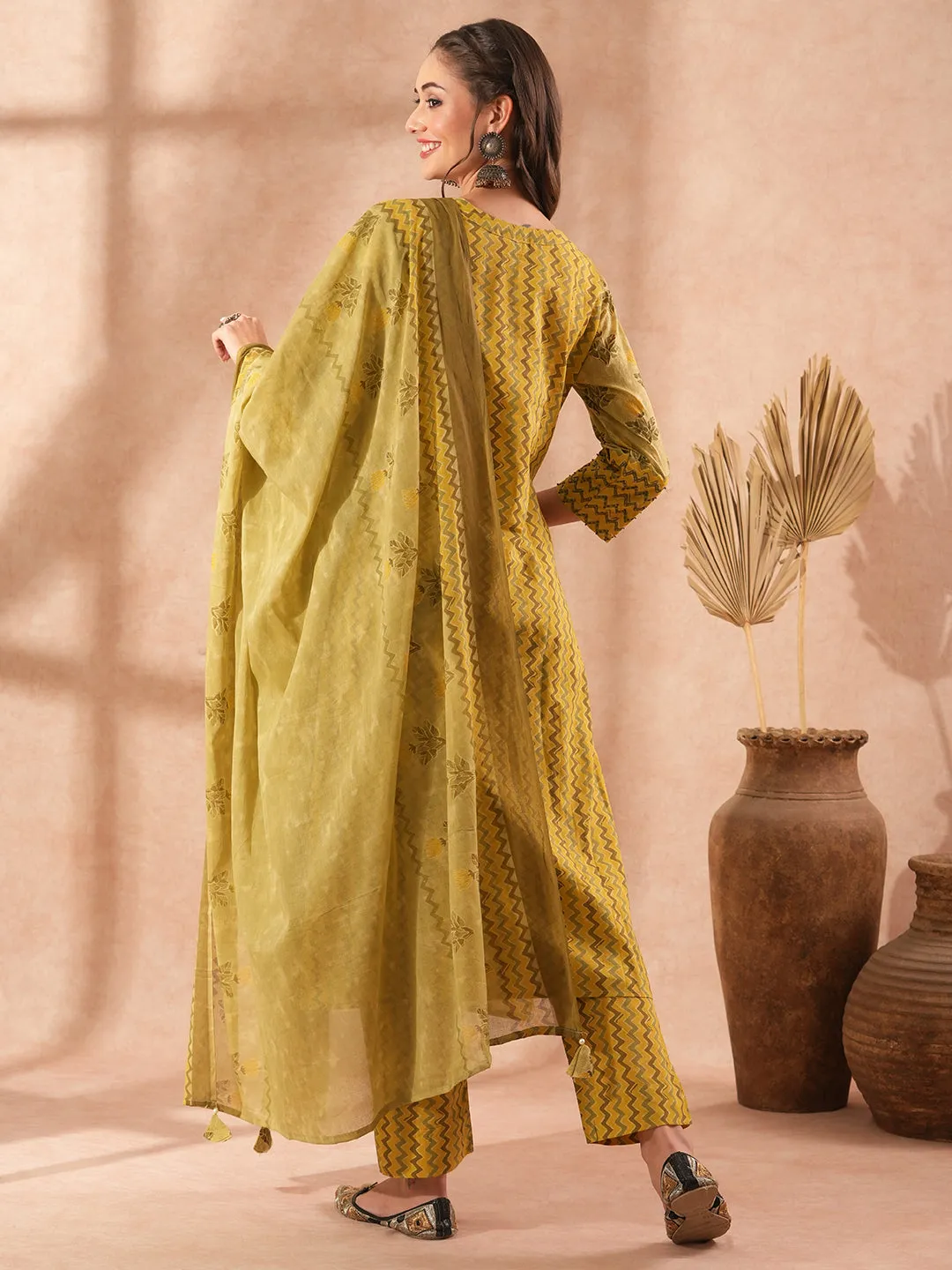 Ethnic Floral Printed & Embroidered A-Line Kurta with Pant & Dupatta - Green