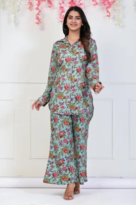 Flower Print Kurta and Pant Set in Blue