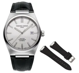 Frederique Constant Highlife COSC Automatic Stainless Steel Silver Dial Black Leather Strap Interchangeable Black Rubber Strap Date Mens Watch FC-303S4NH6