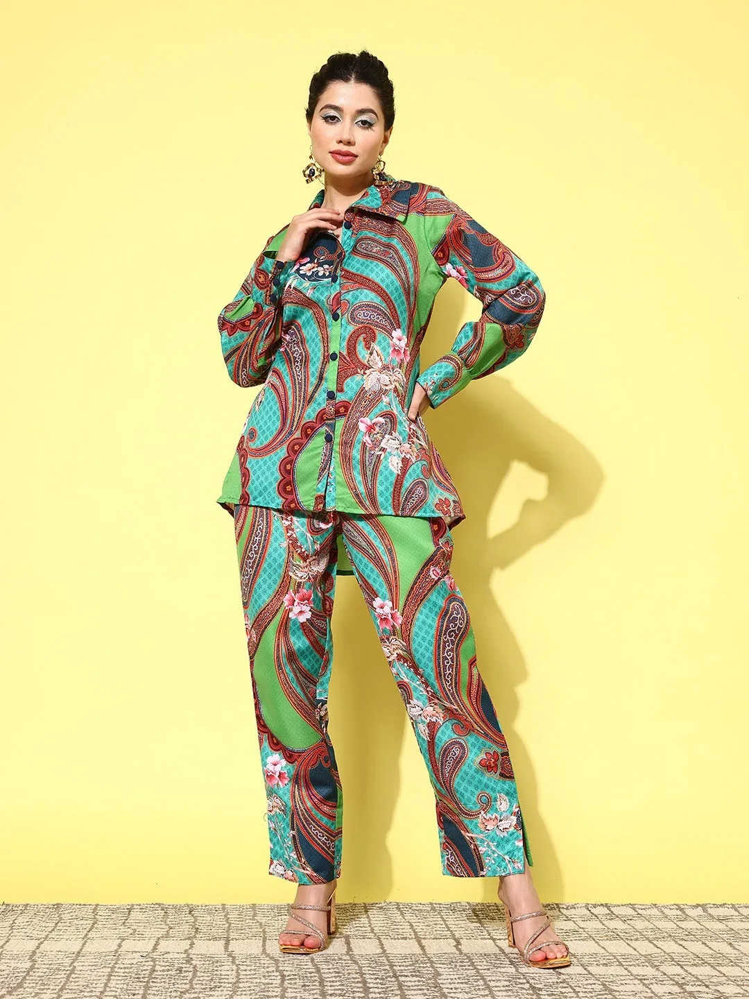 Green Pure Muslin Co Ord Set Printed