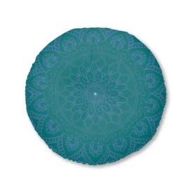 Handmade Mandala Art Tufted Floor Pillow - Steel Blue on Teal Background