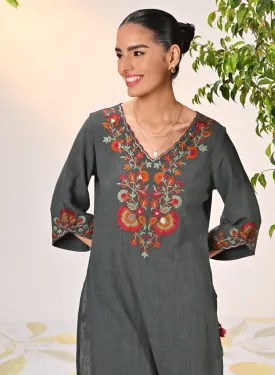 Kamali Iron Grey Embroidered Cotton Linen Slub Designer Kurta Set for Women