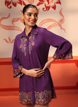 Malika Purple Embroidered Crinkled Crepe Long Shirt for Women