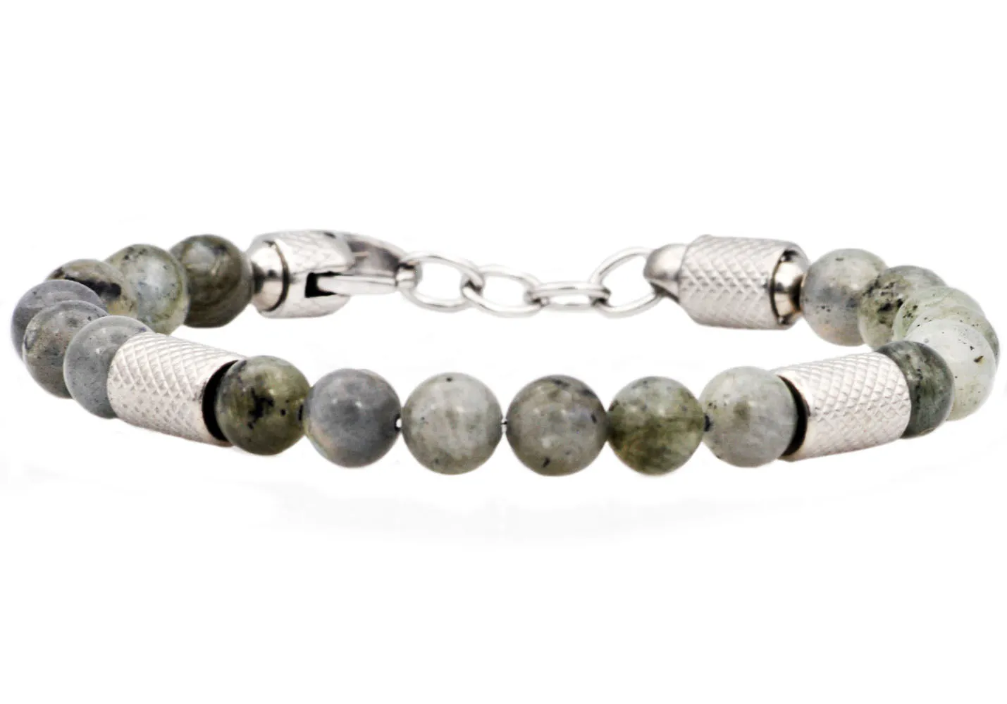 Mens Genuine Labradorite Stainless Steel Beaded Bracelet