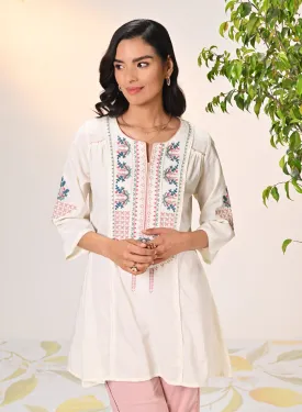 Naaznin Ivory Embroidered Striped Cotton Top for Women