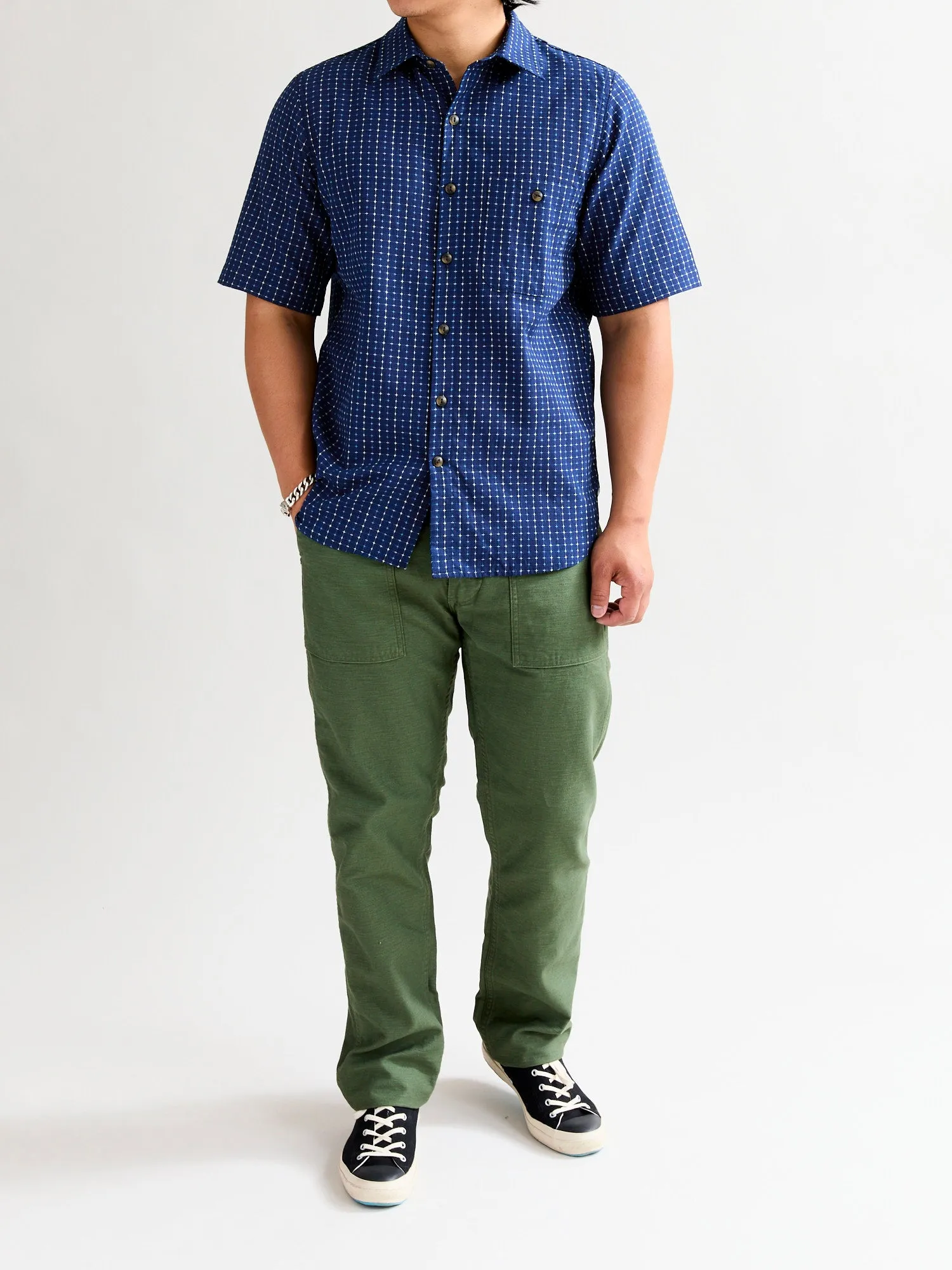 "Sashiko Grid" Oxford Shirt in Indigo