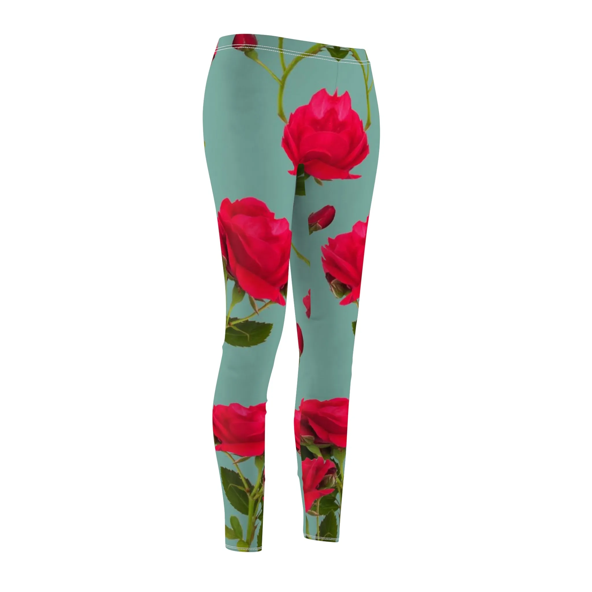 Red Flowers and blue - Inovax Women's cut & sew Casual Leggings