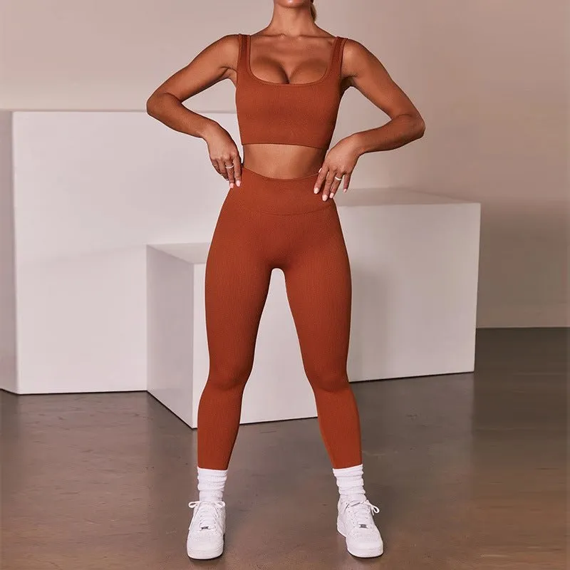 Seamless Sexy Fitness Yoga U V Neck Leggings Gym Wear Set - Women's 2 Piece Active Wear Set