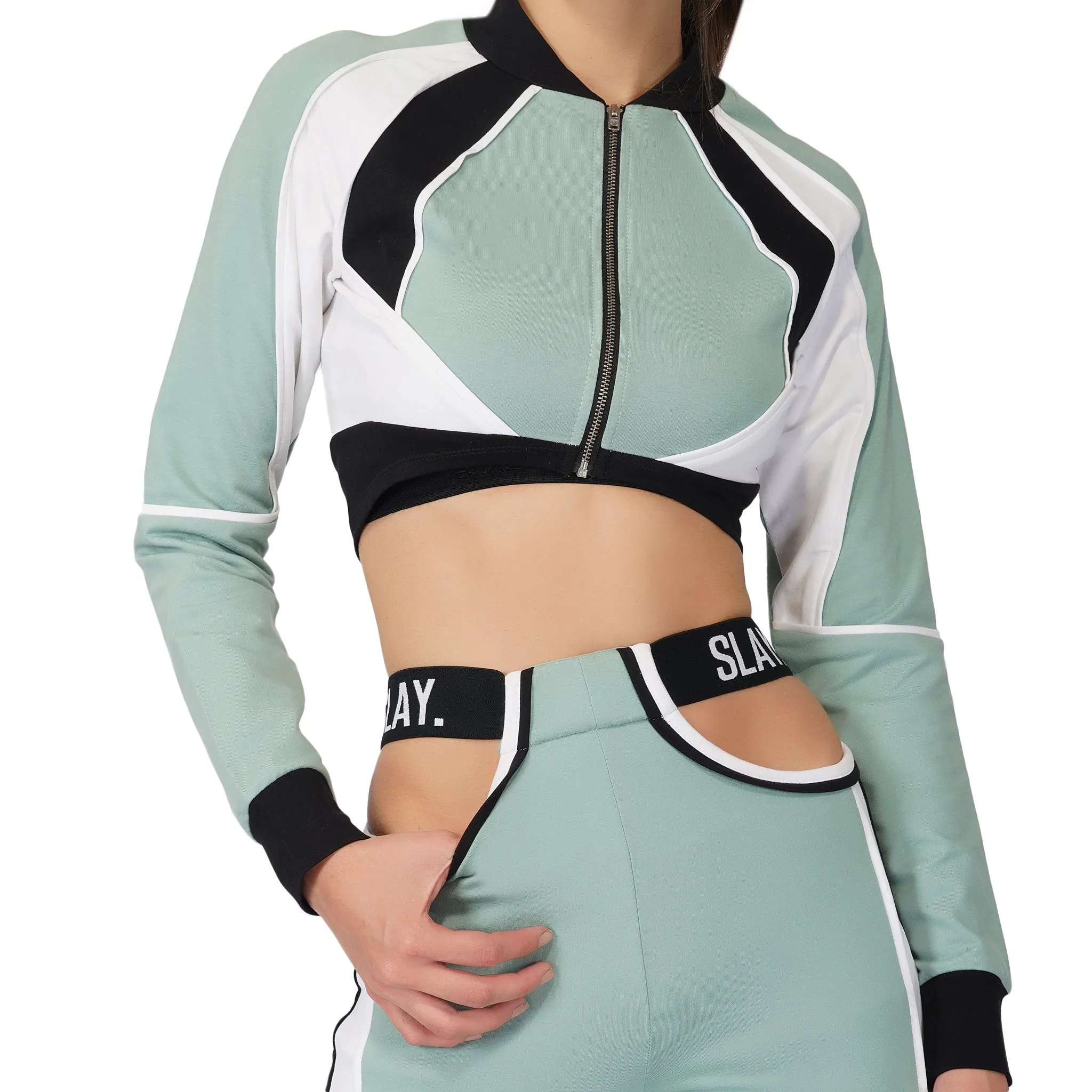 SLAY. Women's Activewear Tracksuit Turquoise Colorblock Crop Jacket & Cargo Pants Co-ord Set