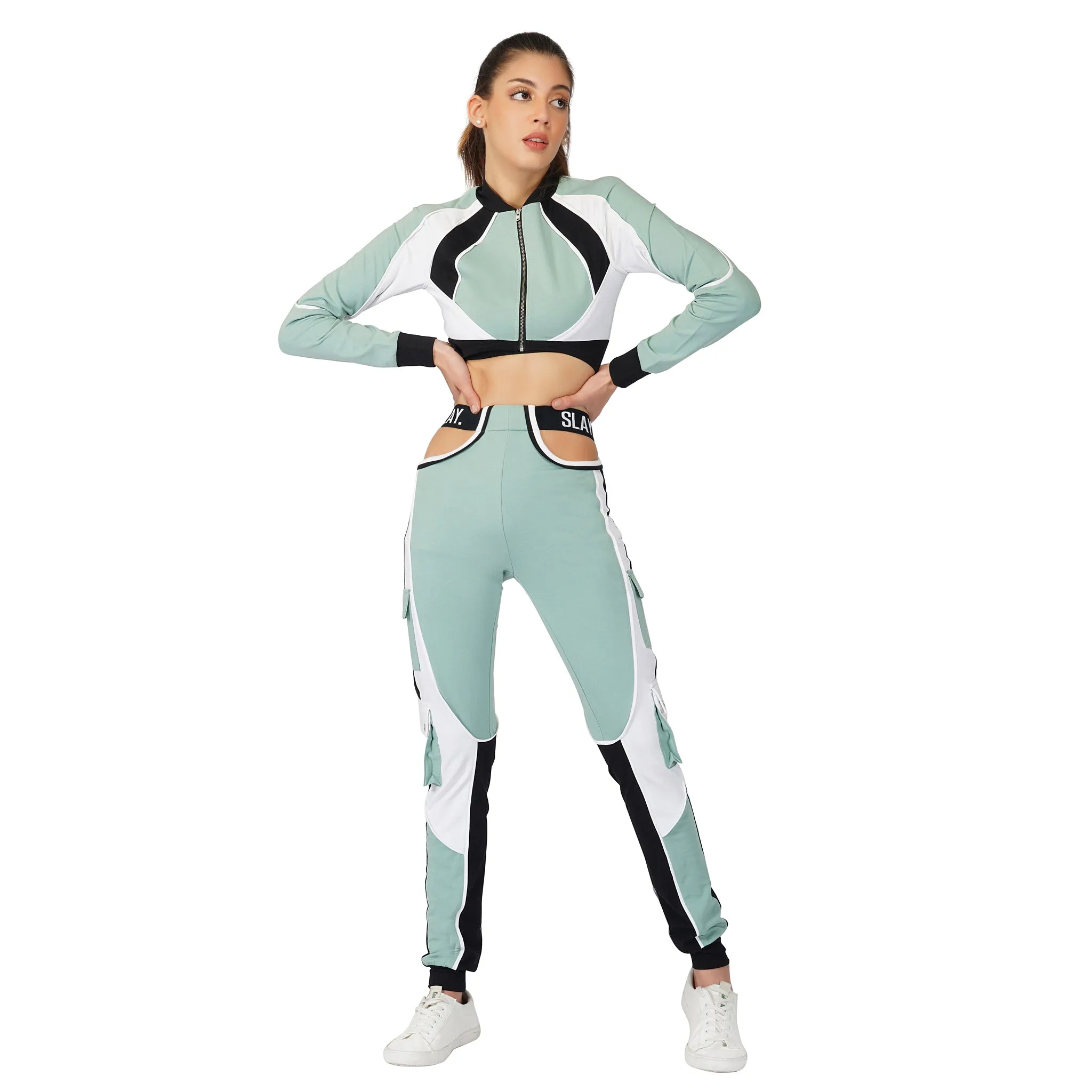 SLAY. Women's Activewear Tracksuit Turquoise Colorblock Crop Jacket & Cargo Pants Co-ord Set