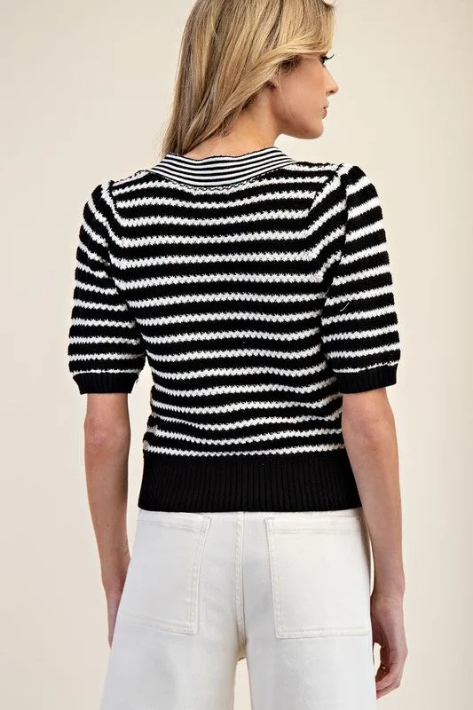 Striped V-Neck Short Sleeve Knit Cardigan