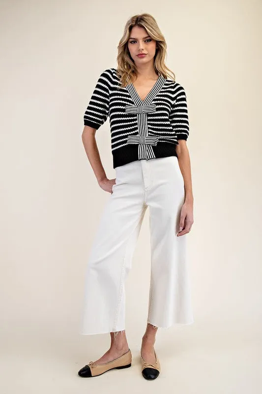 Striped V-Neck Short Sleeve Knit Cardigan