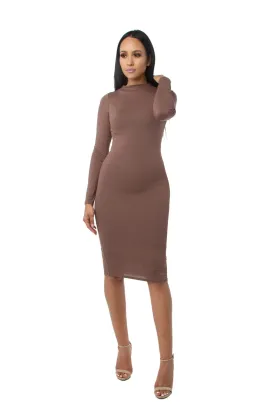 THE MYSTYLEMODE DARK MOCHA DOUBLE LINED LONG SLEEVE FUNNEL NECK MIDI DRESS