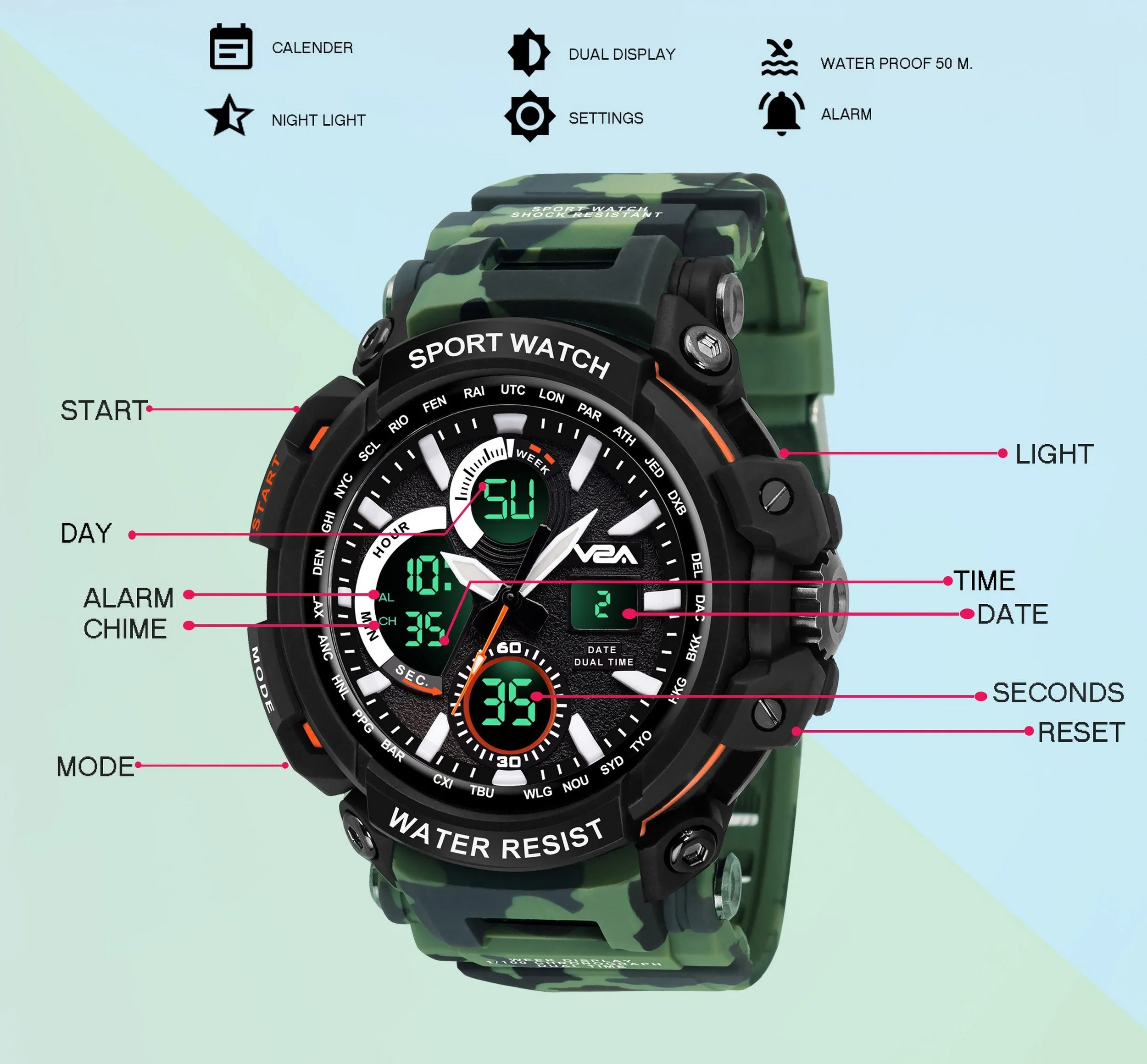 V2A Big Dial Shockproof Analogue And Digital Waterproof Watch For Men