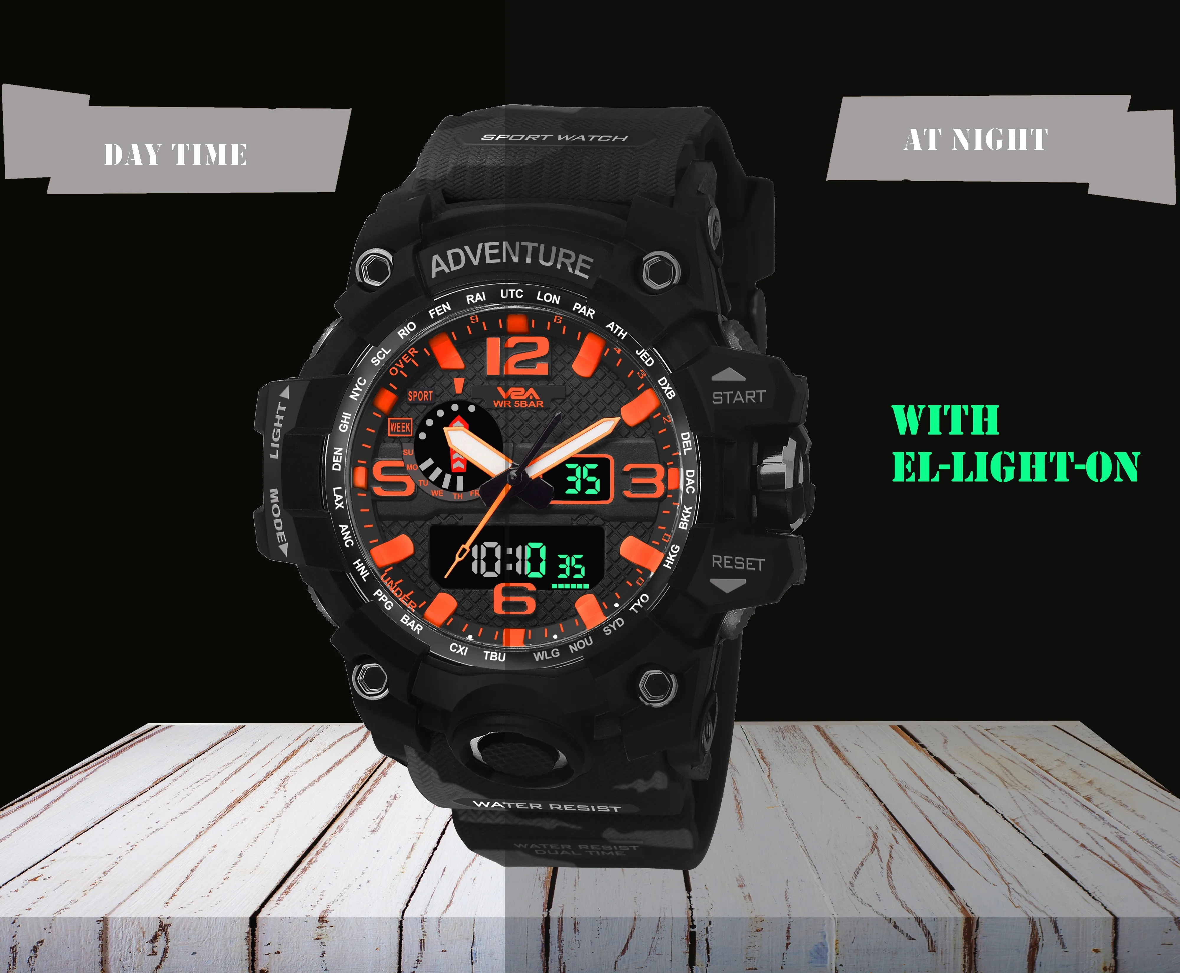 V2A Military Camo Black Orange Chronograph Shockproof Waterproof Analog-Digital Day And Date Display Sports Watch For Men