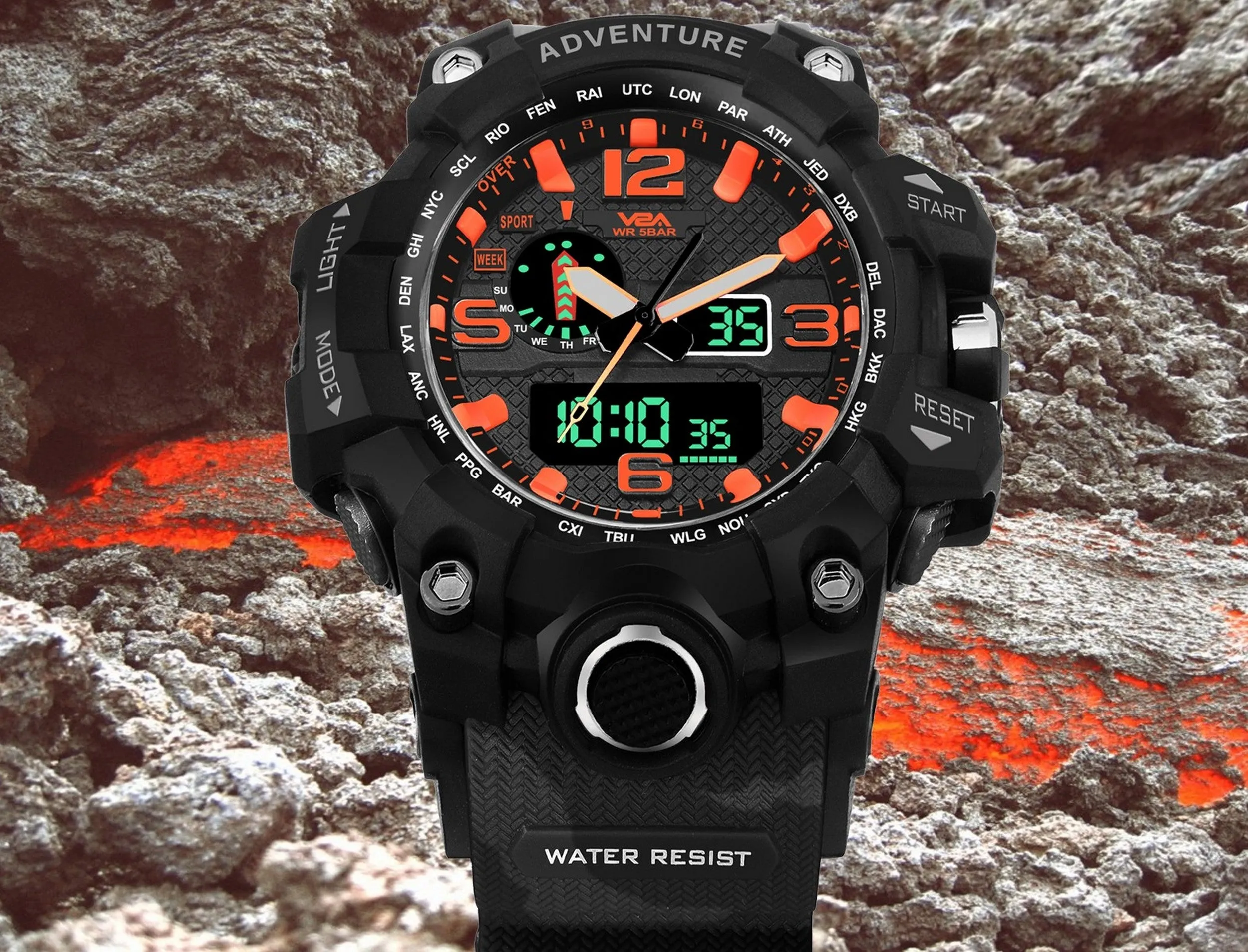 V2A Military Camo Black Orange Chronograph Shockproof Waterproof Analog-Digital Day And Date Display Sports Watch For Men