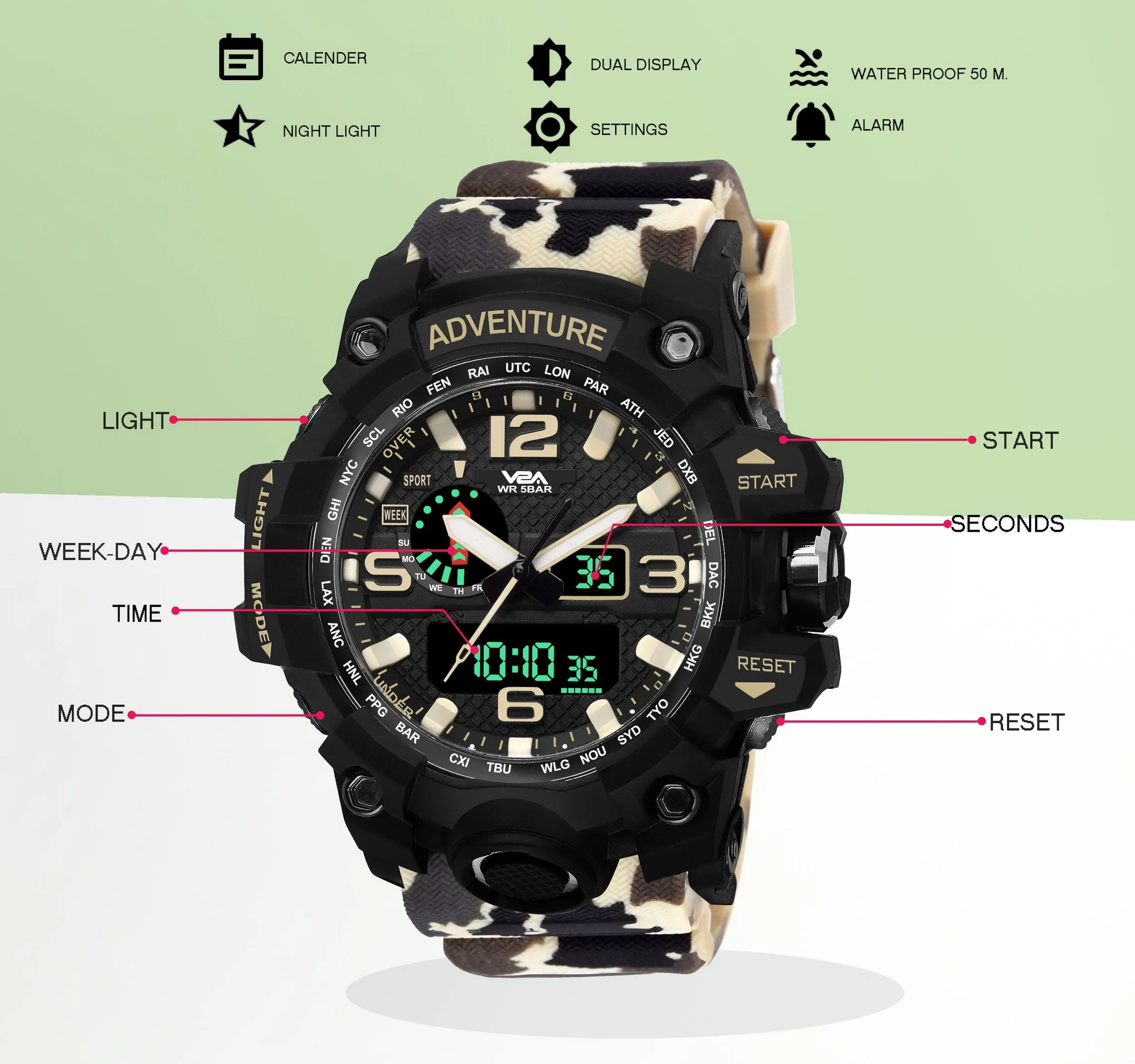 V2A Military Camo Khakhi Chronograph Shockproof Waterproof Analog-Digital Day And Date Display Sports Watch For Men