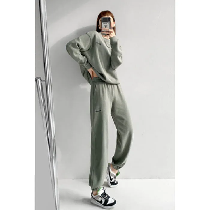 Waffle Casual Long Sleeve Crew Neck Sweater Slimming Track Pants Sports Suit