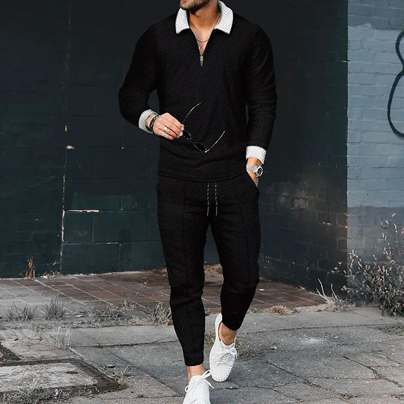 White Collared Long Sleeve Black Polo Suit