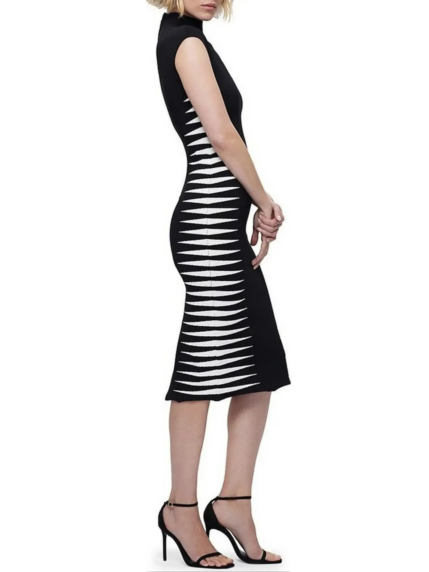 Women’s Black and White Side-Stripe Mock-Neck Midi Dress