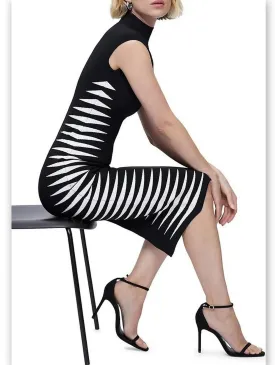 Women’s Black and White Side-Stripe Mock-Neck Midi Dress