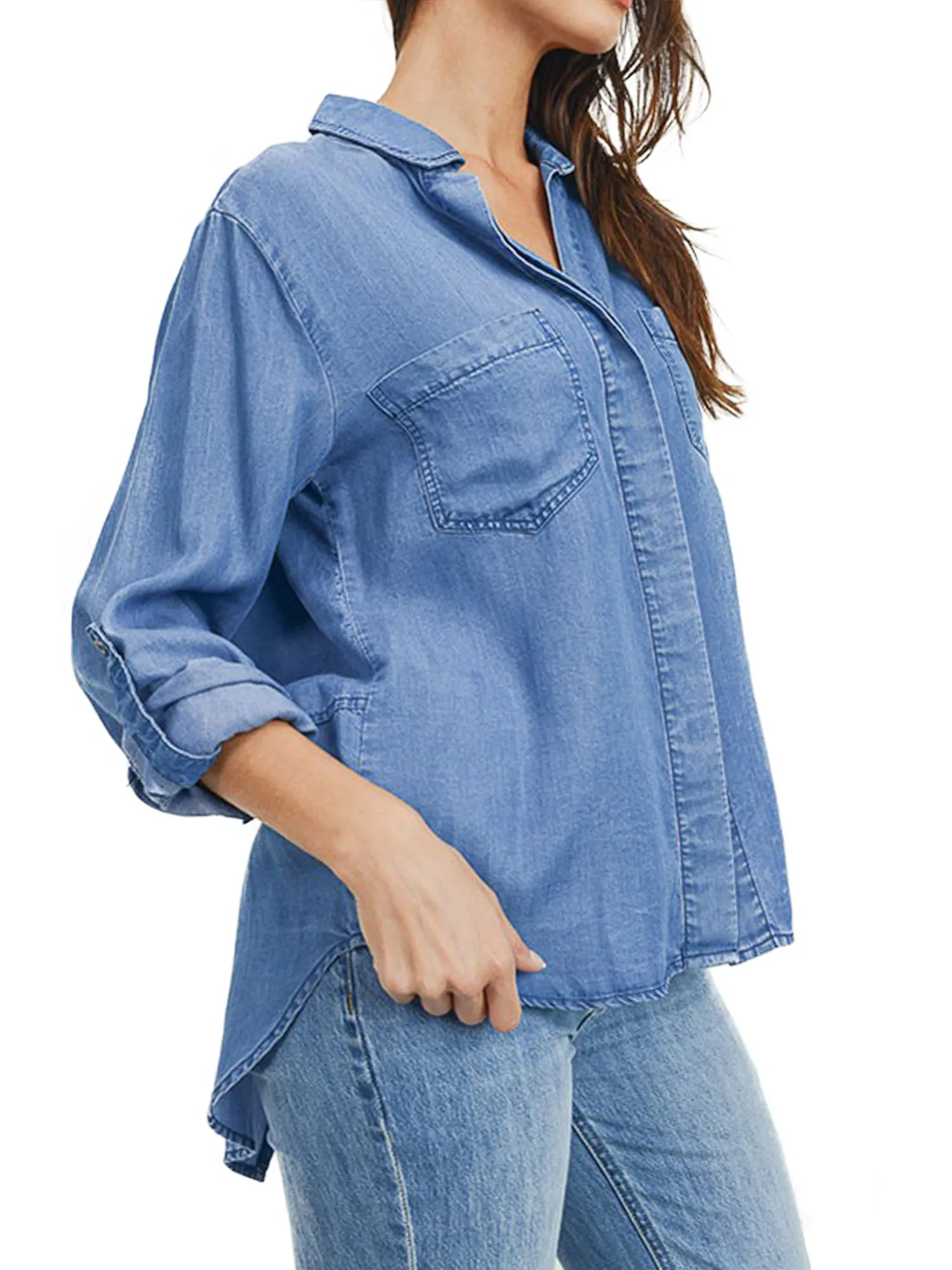 Women's Long Sleeve Button Down Denim Tencel Shirt Blouse w/Cut Tail