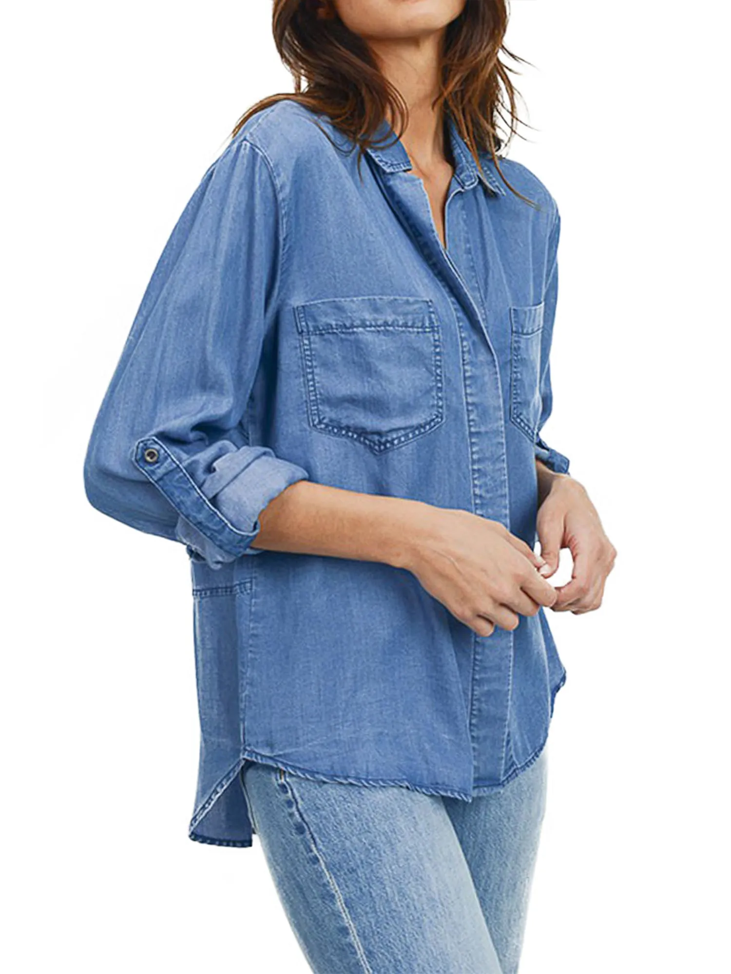 Women's Long Sleeve Button Down Denim Tencel Shirt Blouse w/Cut Tail