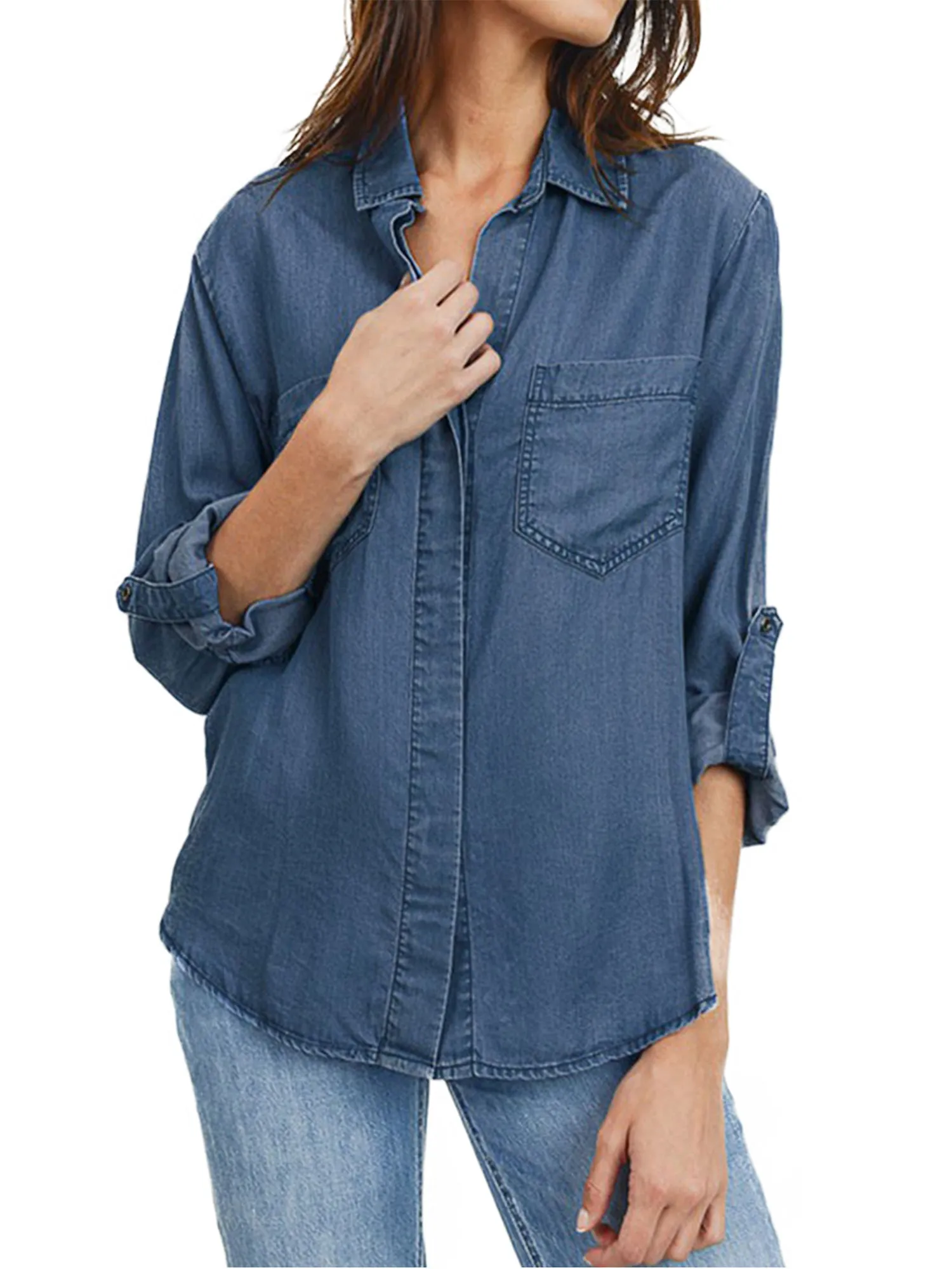 Women's Long Sleeve Button Down Denim Tencel Shirt Blouse w/Cut Tail