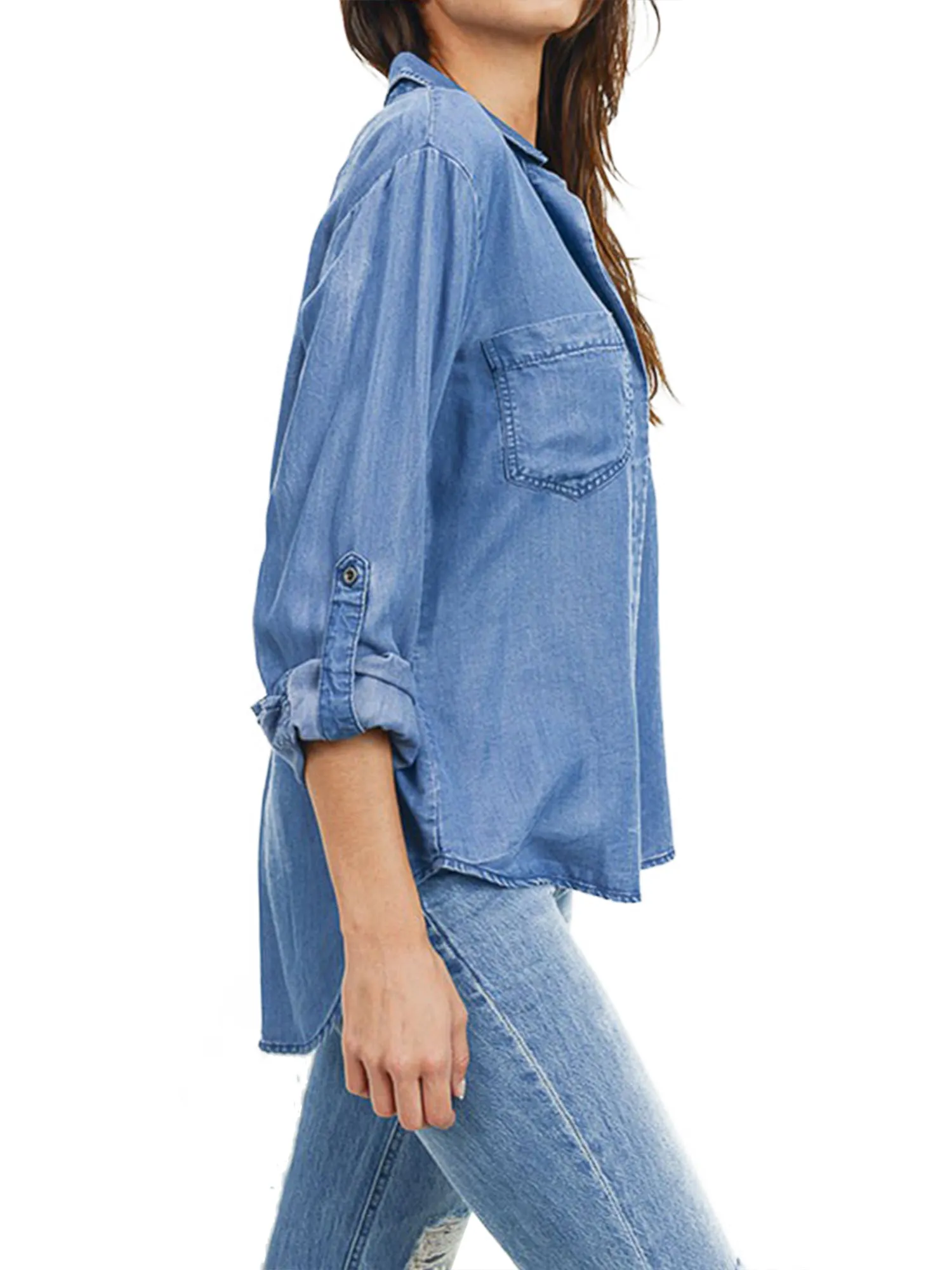 Women's Long Sleeve Button Down Denim Tencel Shirt Blouse w/Cut Tail