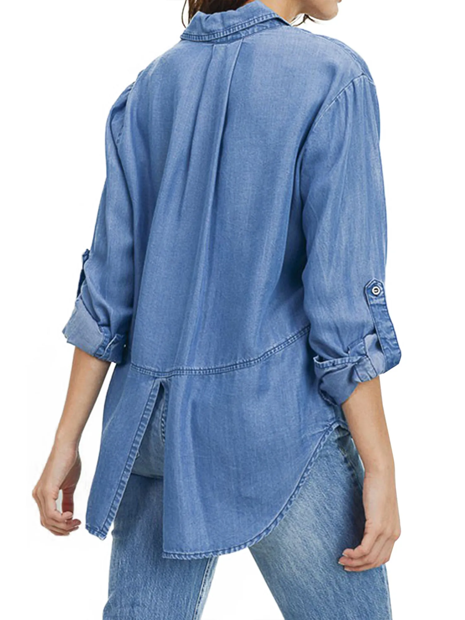 Women's Long Sleeve Button Down Denim Tencel Shirt Blouse w/Cut Tail