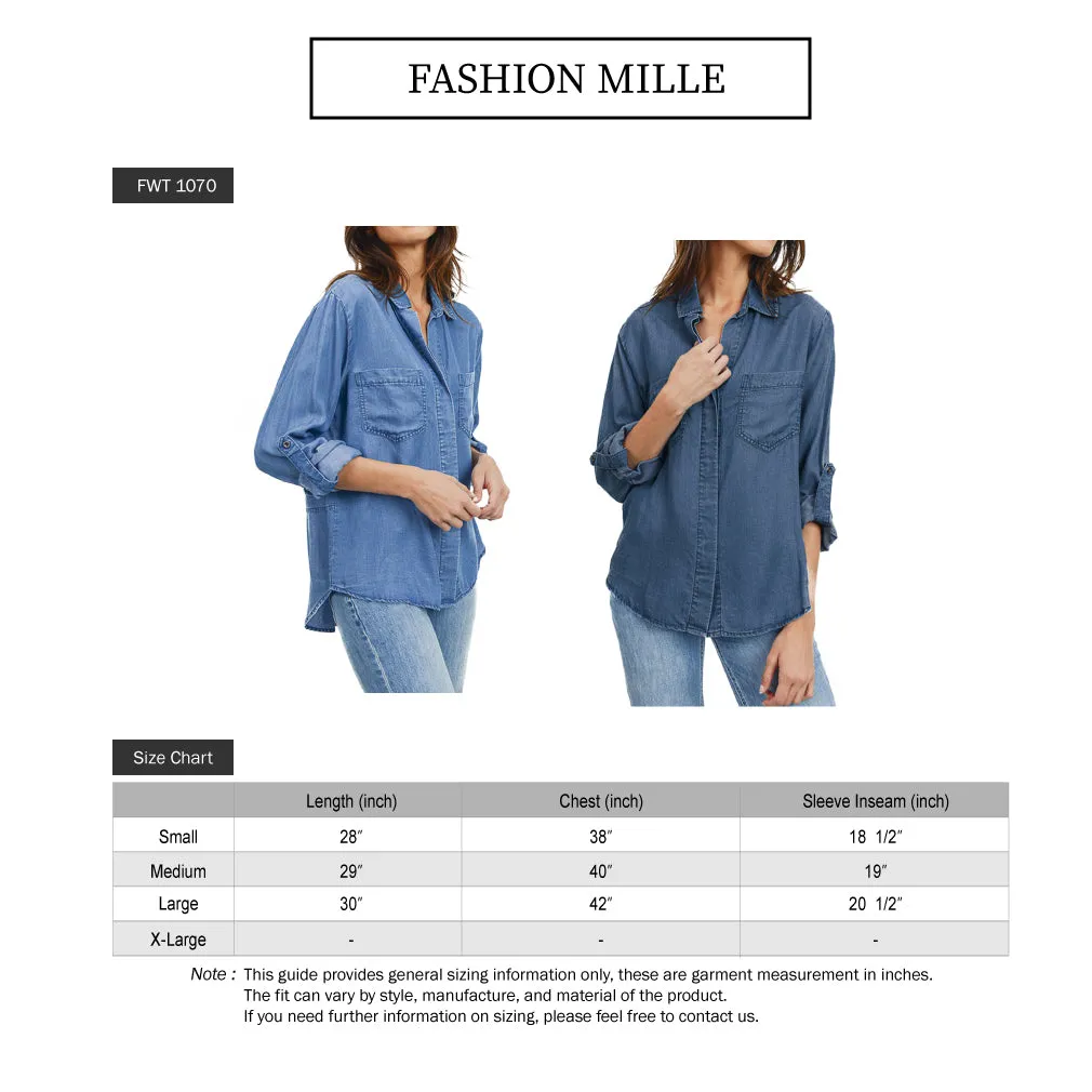 Women's Long Sleeve Button Down Denim Tencel Shirt Blouse w/Cut Tail